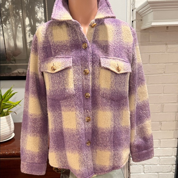 Skies Are Blue Jackets & Blazers - Skies Are Blue Purple and Cream Plaid Teddy Jacket